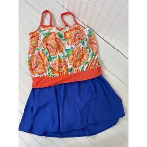 NWT Kim Rogers Orange Floral Padded Swim Top - Cazini Blue Swim Skirt Size 18W